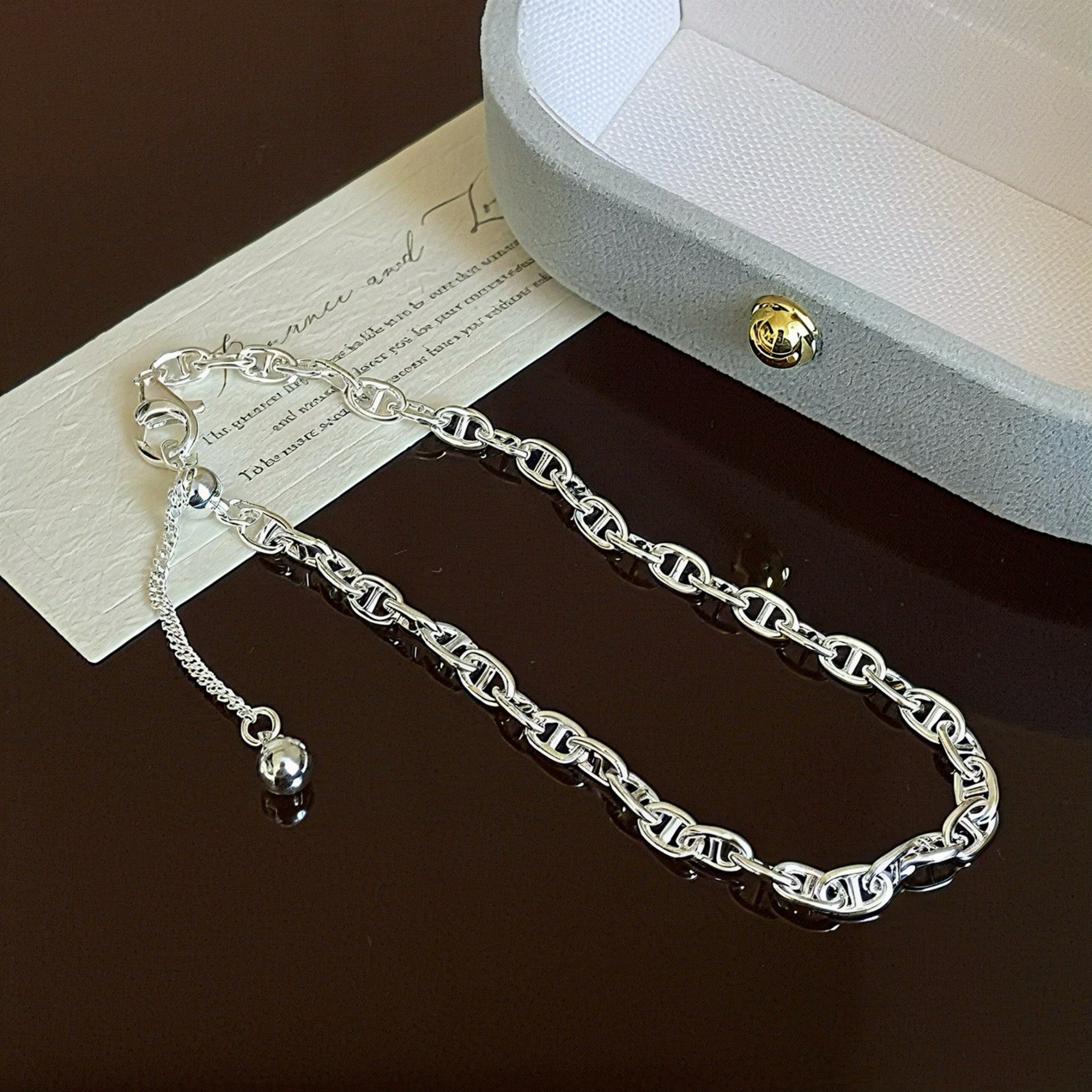 925 Sterling Silver Geometric Pig Nose Adjustable Sliding Chain Bracelet