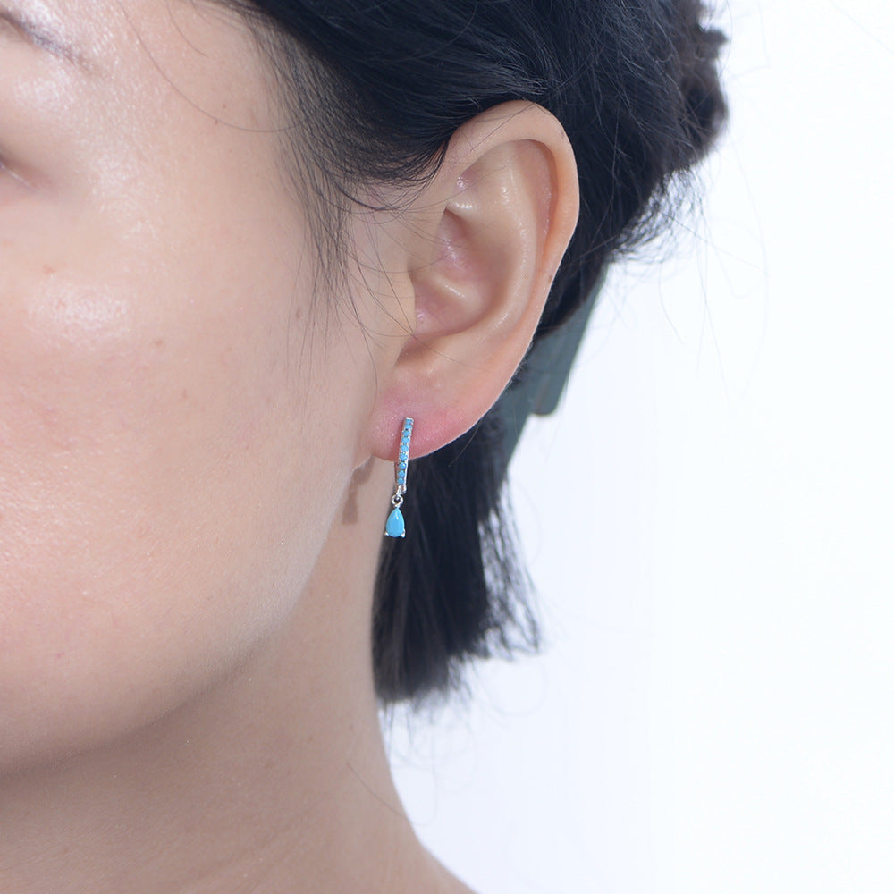 Women Fashion Style Party Anniversary Gift Elegant Turquoise Water Drop 925 Sterling Silver Hoop Earrings
