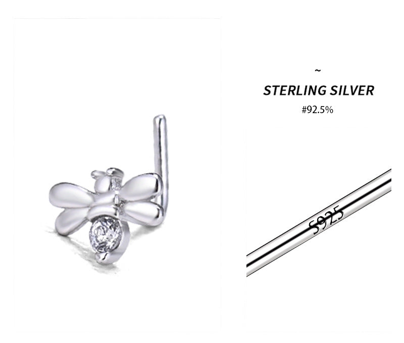 Cute Mini CZ Honey Bee 925 Sterling L Shape Nose Stud