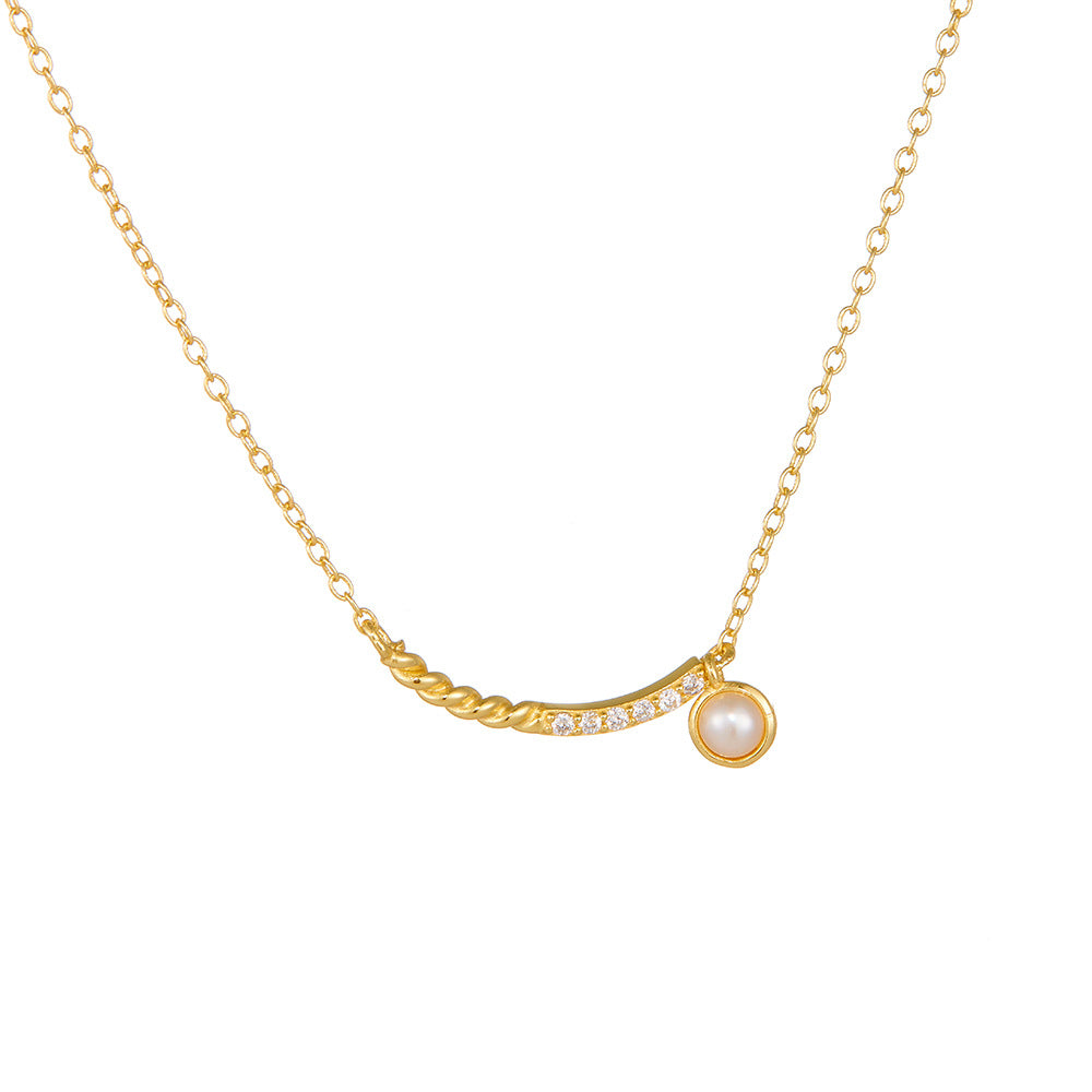 Women Fashion Natural Round Pearl Twisted Chain CZ Smile 925 Sterling Silver Necklace