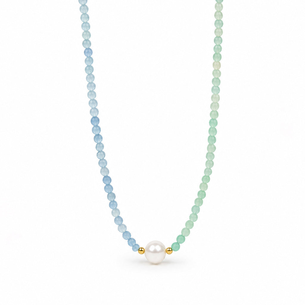 Pastel Aquamarine Green Strawberry Quartz Single Focal Pearl Beaded Strand 925 Sterling Silver Necklace