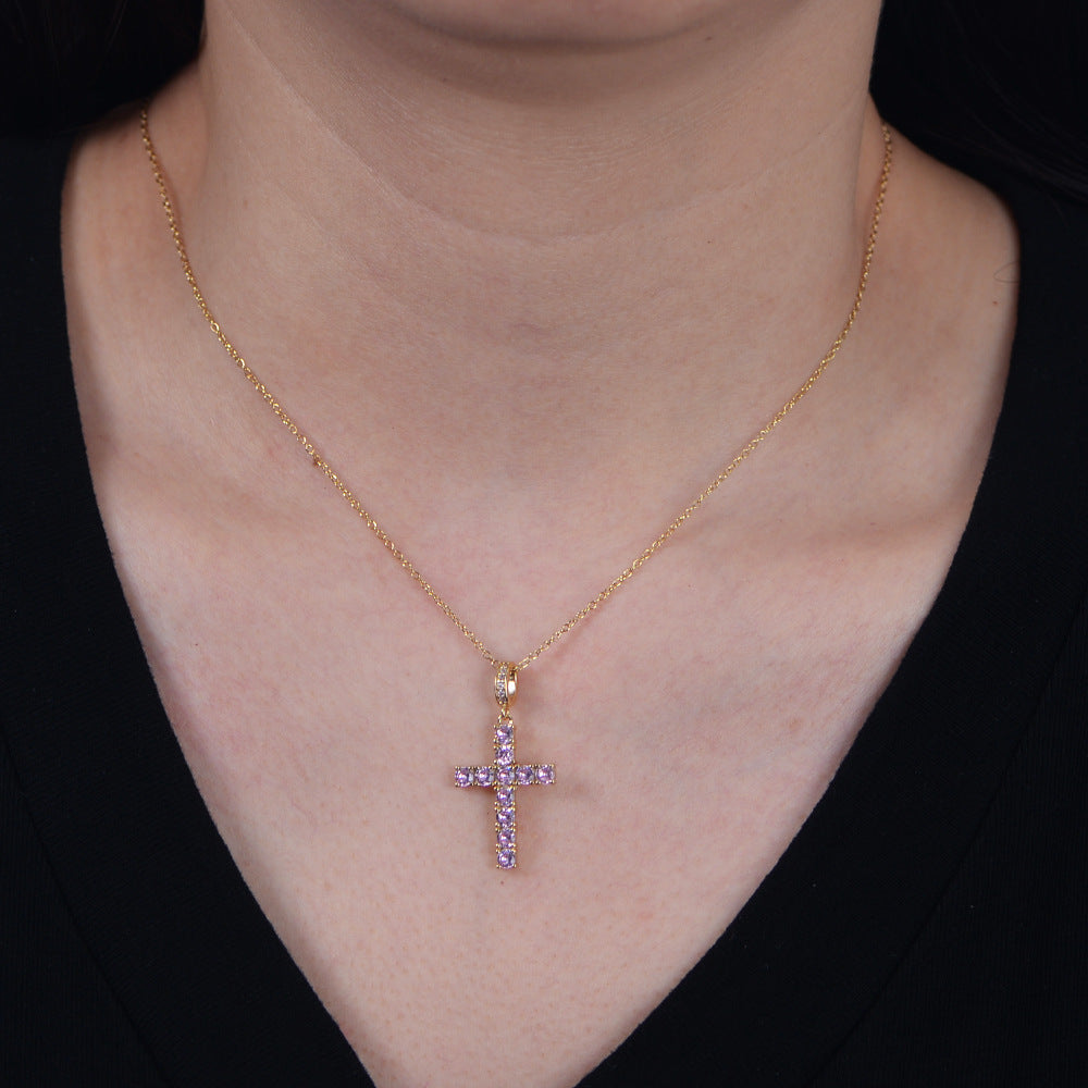 Girl Beautiful Pink CZ Cross 925 Sterling Silver Necklace