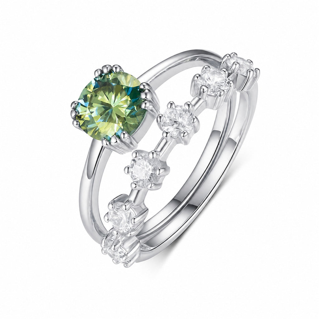 Blue Green Round Moissanite Curved Row Stack 925 Sterling Silver Ring