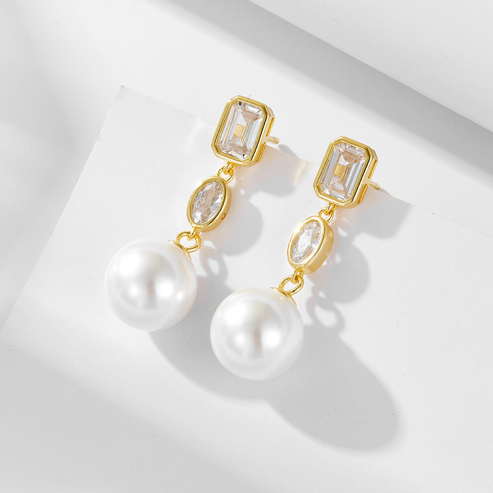 Fashion Jewelry Elegant Geometric Design Pearl   925 Sterling Silver Cubic Zirconia Drop Earrings