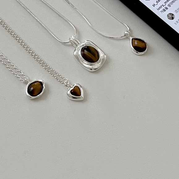 Modern Natural Amber Waterdrop Heart Oval 925 Sterling Silver Necklace