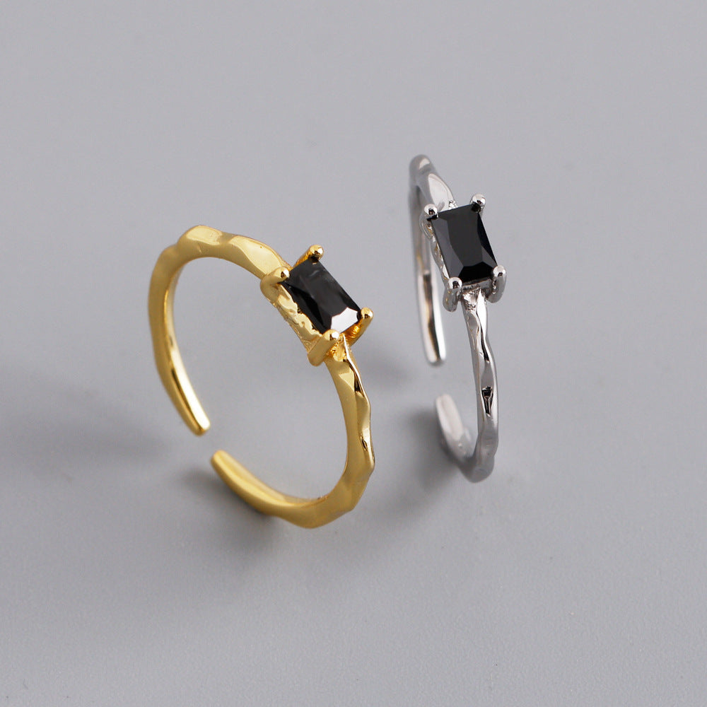 Black Rectangular Textured Irregular Adjustable 925 Sterling Silver Ring