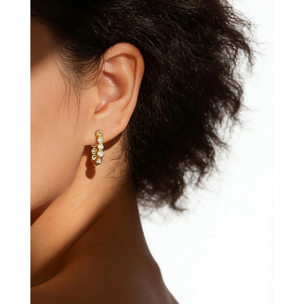 Geometric Shaped Cubic Zirconia And 925 Sterling Silver Huggie Hoop Earrings
