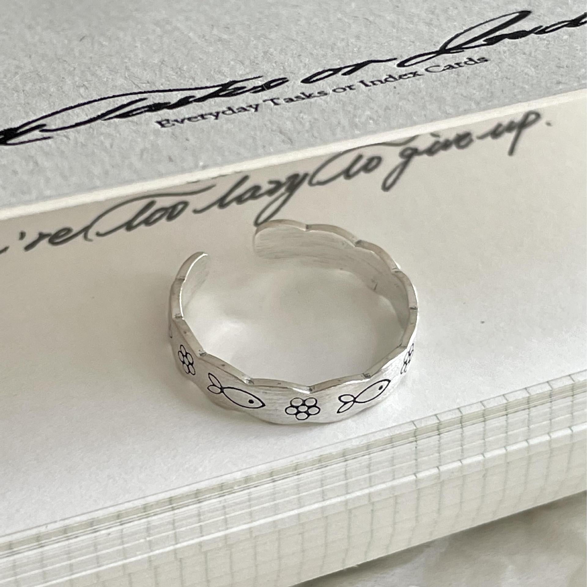 Vintage Wave Border Fish Flower 925 Sterling Silver Adjustable Ring