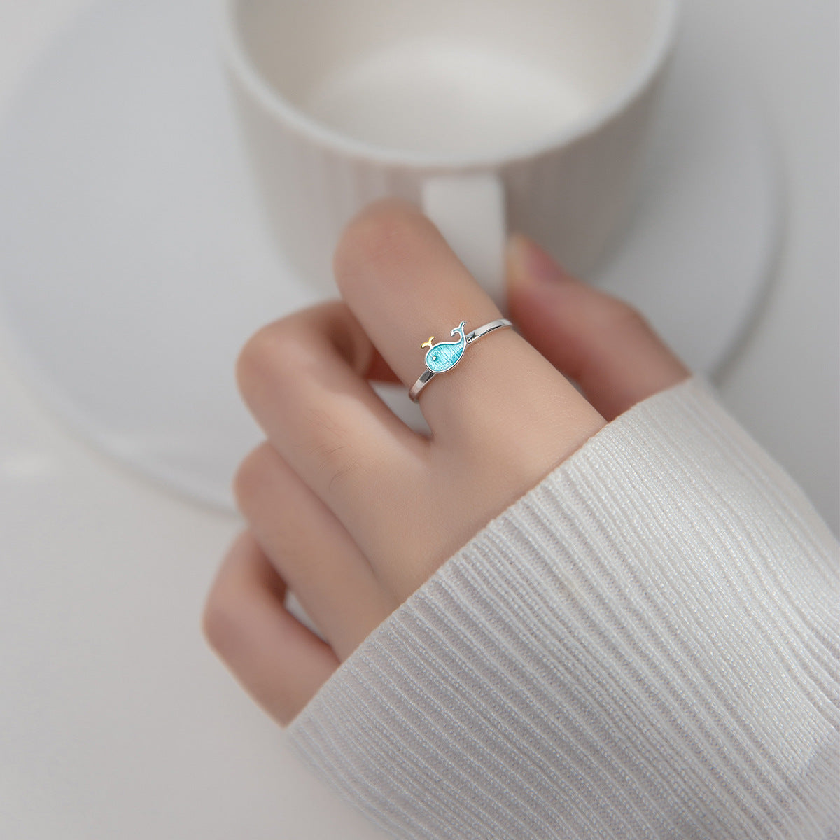 Cute Blue Enamel Whale Mini Delicate Ring In S925 Sterling Silver Adjustable Open Ring