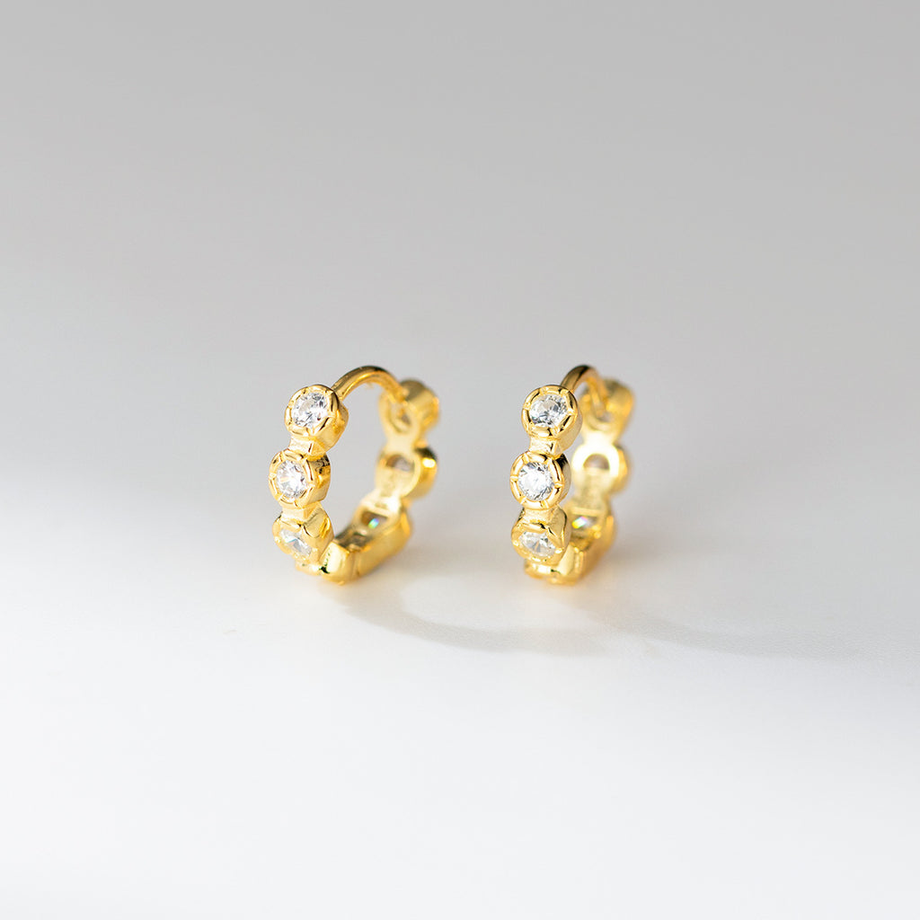 Cubic Zirconia Round Bezel Set Huggie Hoop Earrings In 925 Sterling Silver With Silver Or Yellow Gold Finish Minimalist Shining Elegant Fashion Earrings