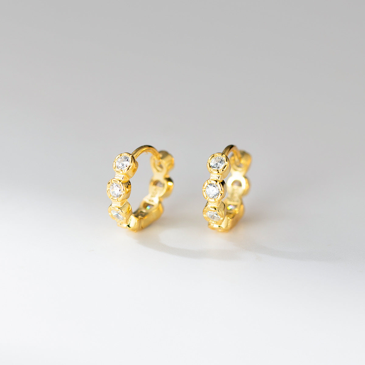 Cubic Zirconia Round Bezel Set Huggie Hoop Earrings In 925 Sterling Silver With Silver Or Yellow Gold Finish Minimalist Shining Elegant Fashion Earrings