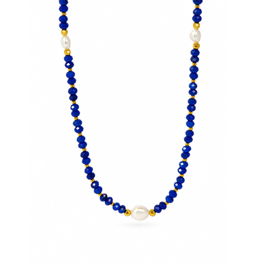 Elegant Royal Blue Faceted Agate Baroque Freshwater Pearl Beaded Adjustable 925 Sterling Silver Necklace