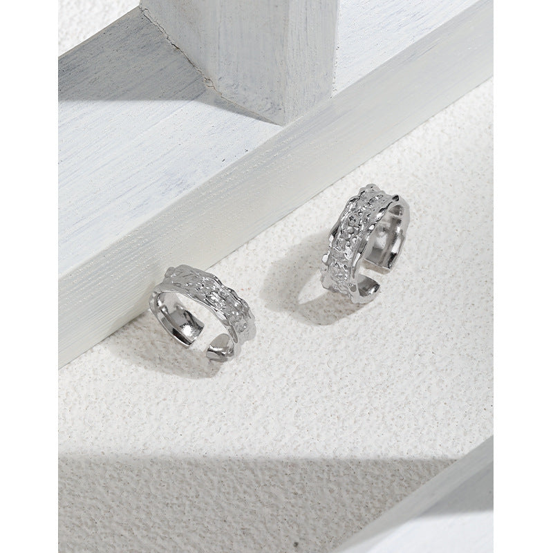 Pure Metal Irregular Hammered Textured Silver Color S925 Sterling Silver Open Adjustable Wide Band Ring