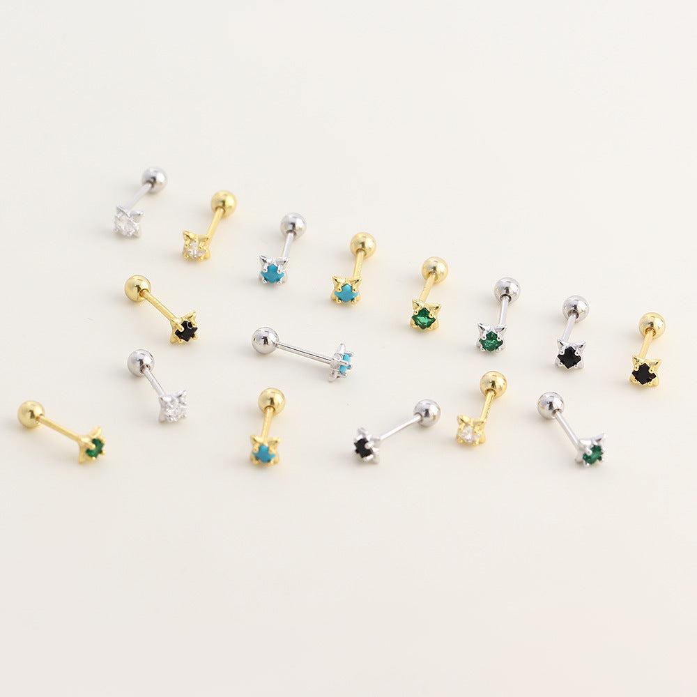 Mini Delicate Star Four Point Star Stone Setting 925 Sterling Silver Screw Back Cartilage Stud Earrings