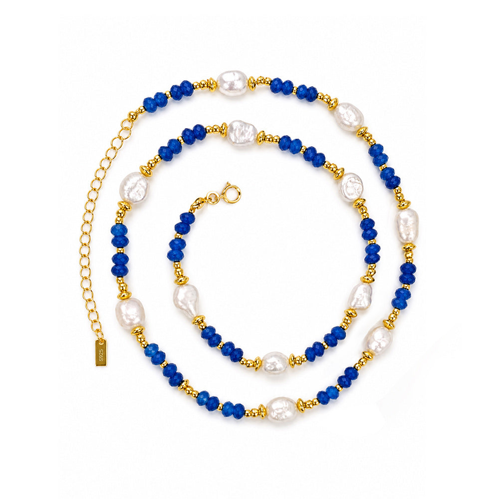 Elegant Deep Blue Agate Irregular Pearl Beaded Strand Fashion Jewellery Gift 925 Sterling Silver Necklace