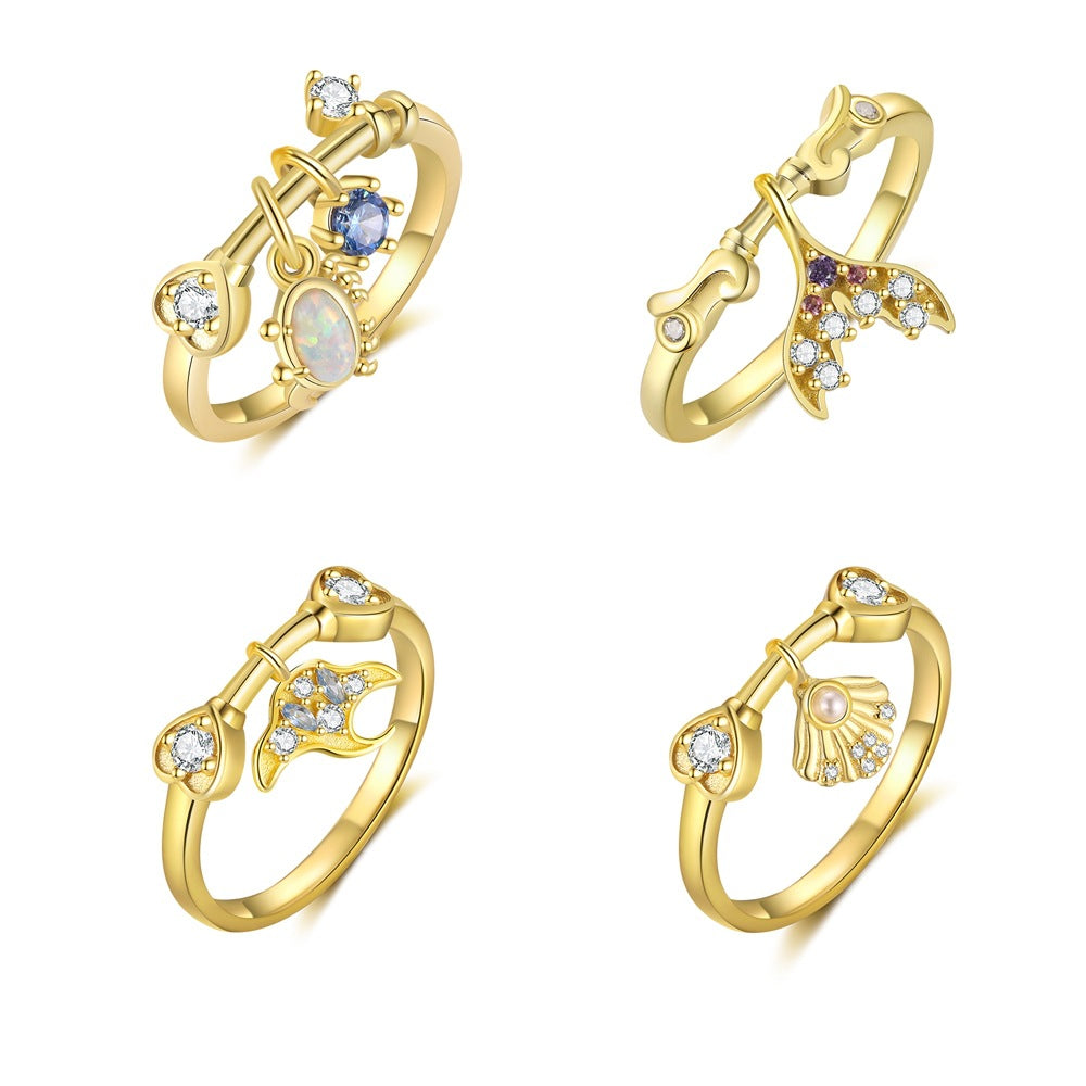Holiday Gold Ocean CZ Mermaid Tail Fish Shell 925 Sterling Silver Adjustable Ring