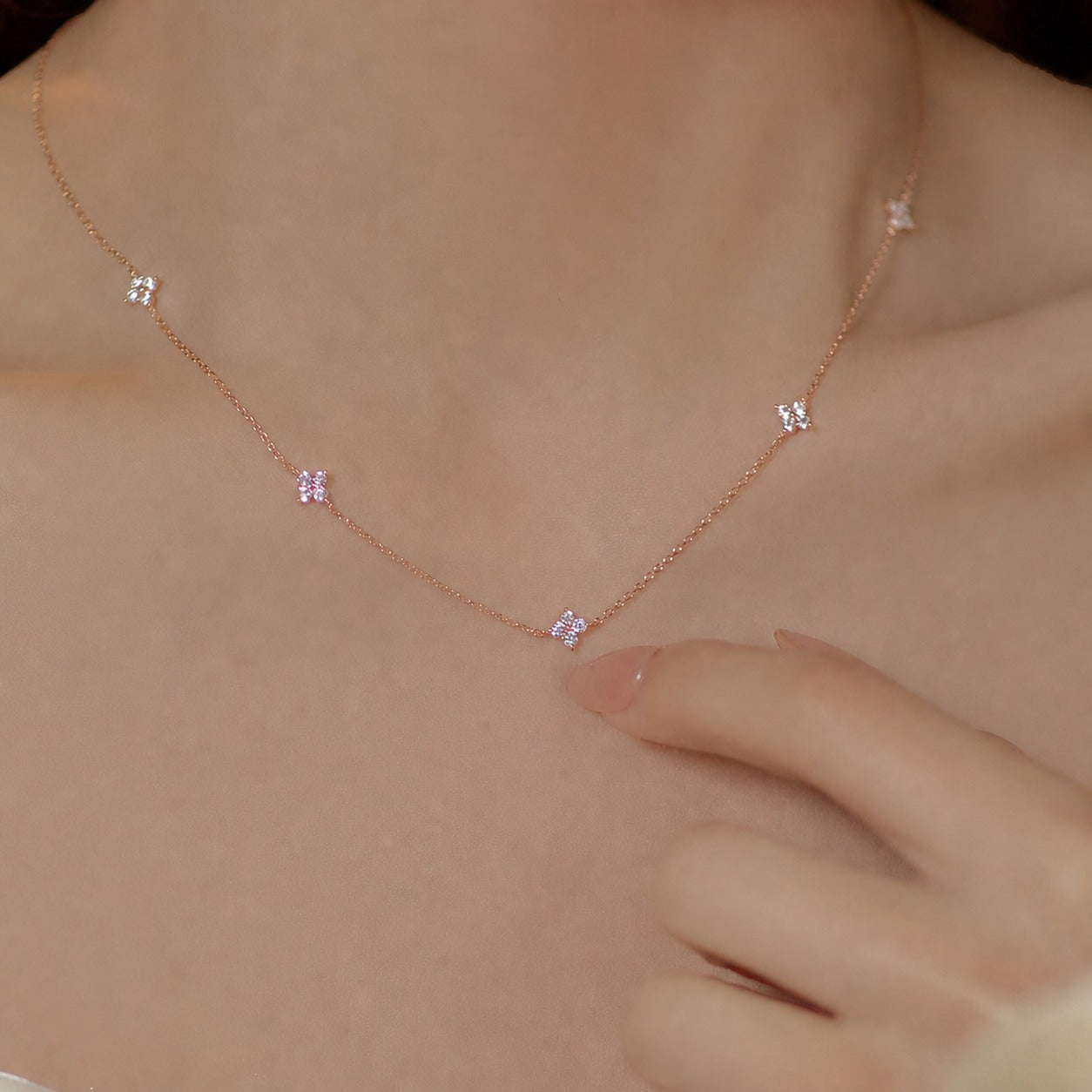 Butterfly Clover Cubic Zirconia S925 Sterling Silver Station Necklace