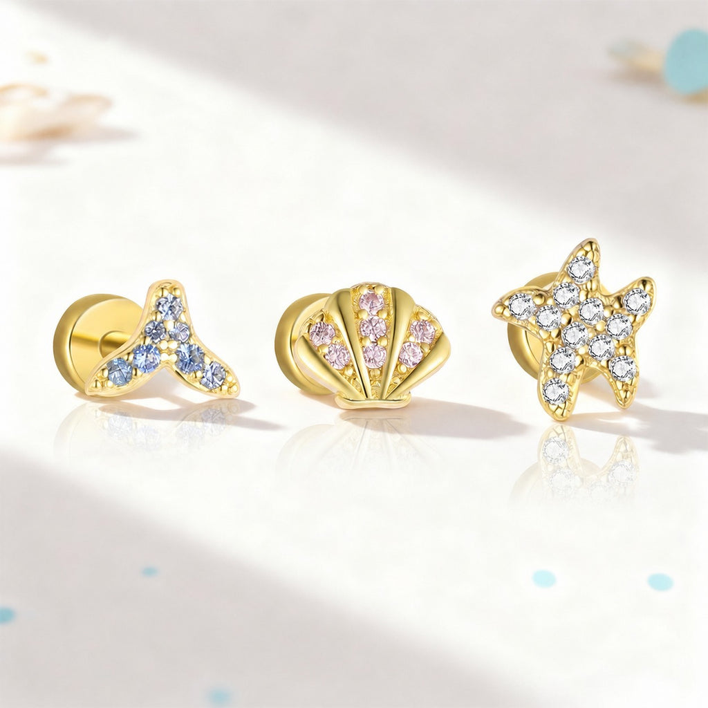 Ocean-themed cubic zirconia. Mermaid tail shell starfish. 18K gold coating. S925 silver Earring
