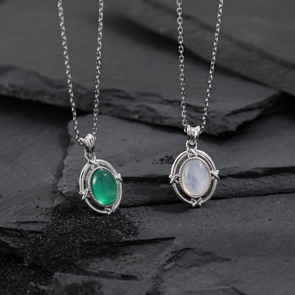 Elegant Geometric Oval Natural Moonstone and Green Agate 925 Sterling Silver Necklace for Women with Adjustable Chain