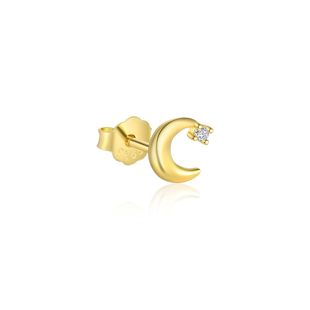 Cute Gold CZ Planet Star Sun Crescent Moon 925 Sterling Silver Stud Earring (Single)