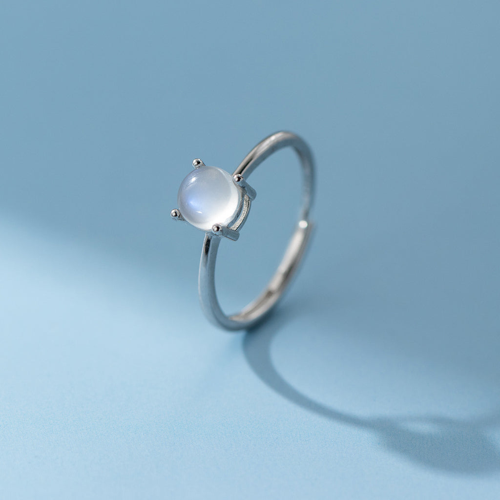 Round Moonstone Natural Stone Four Prong S925 Sterling Silver Adjustable Open Ring