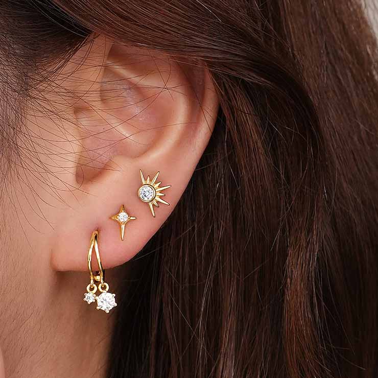 Party Simple White CZ Crescent Moon Star Sunshine 925 Sterling Silver Stud Fangling Earrings