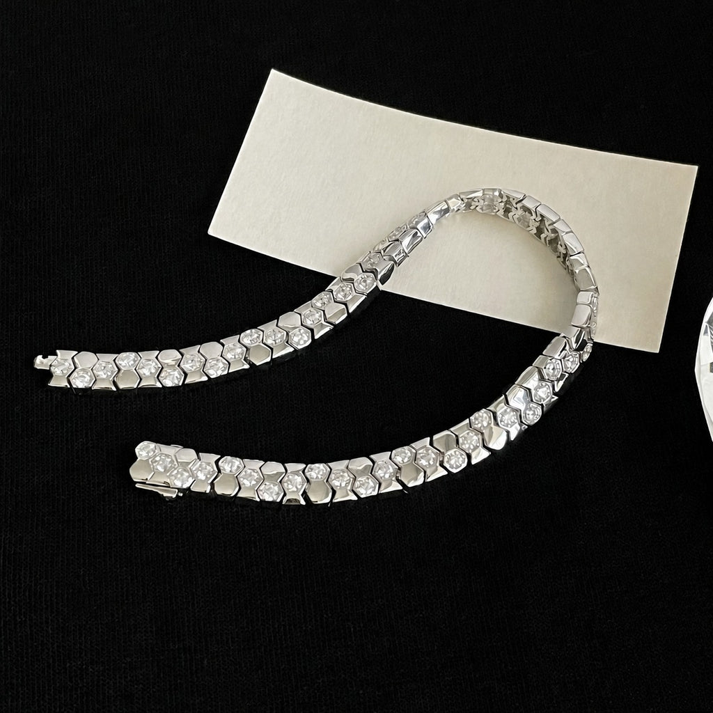 925 Sterling Silver Zirconia Hexagonal Wide Snake Bone Geometric Link Bracelet