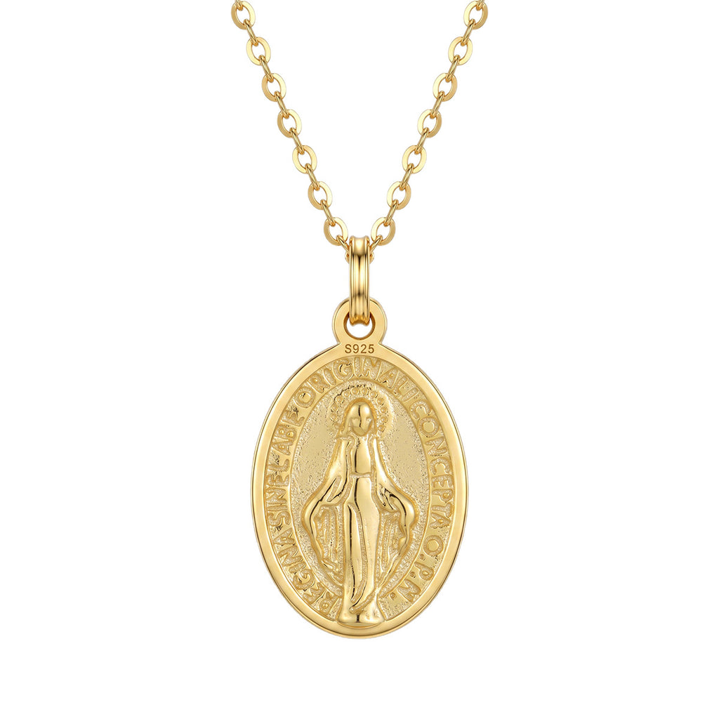 Religious Oval Virgin Mary Medallion S925 Sterling Silver Adjustable Chain Necklace