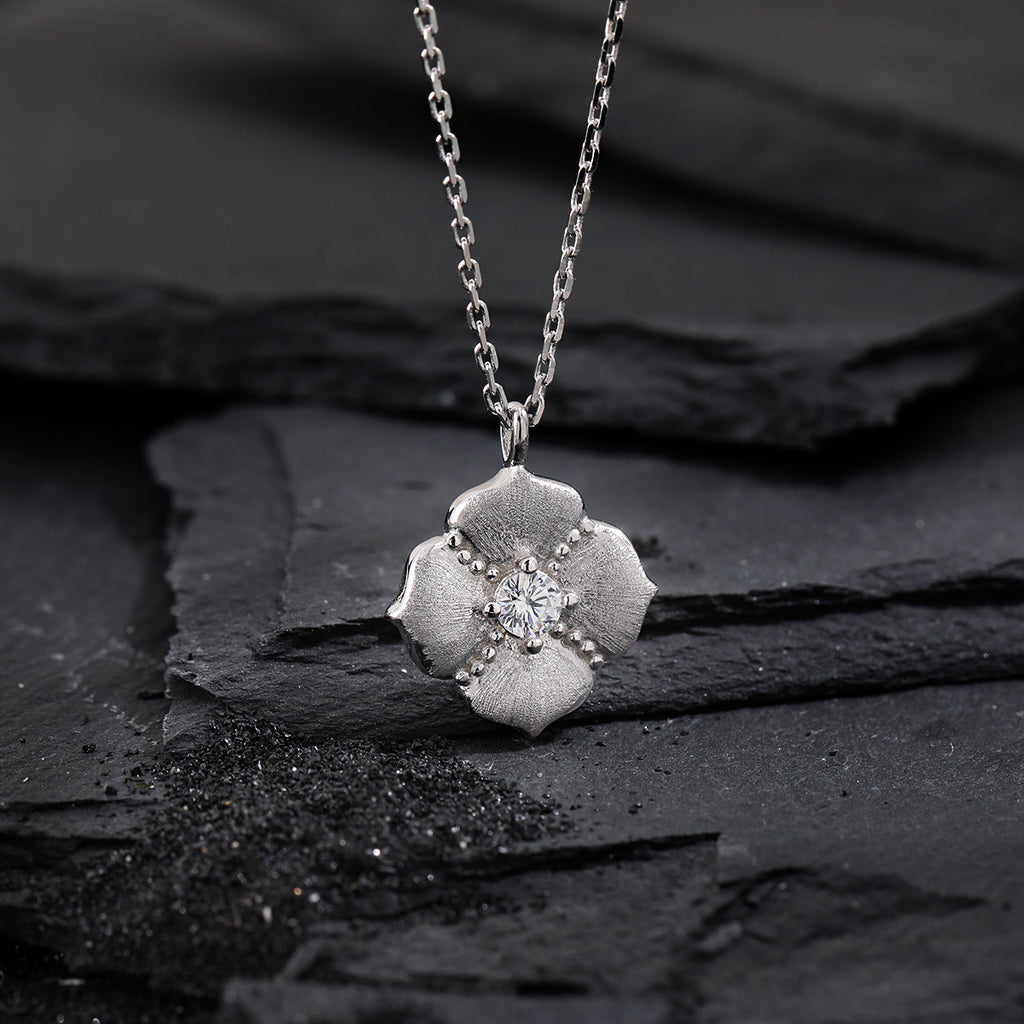 Cubic Zirconia Brushed Five Petal Flower 925 Sterling Silver Minimalist Collarbone Chain Necklace