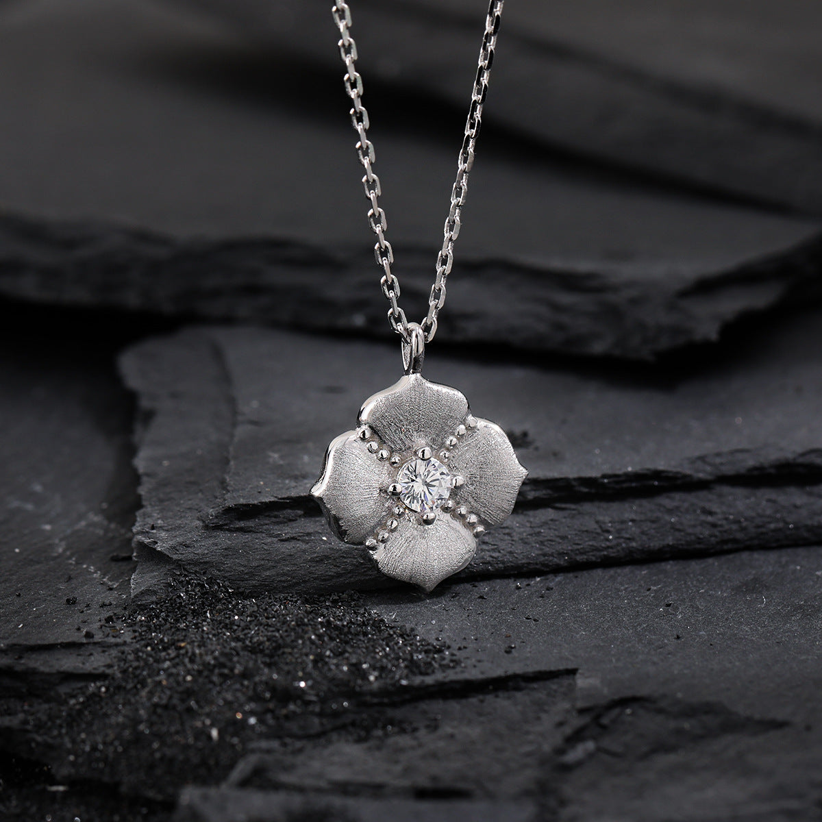 Cubic Zirconia Brushed Five Petal Flower 925 Sterling Silver Minimalist Collarbone Chain Necklace