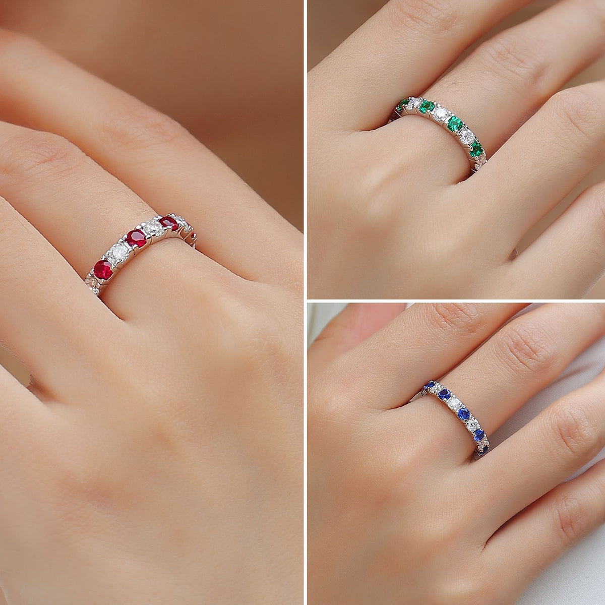 Round Alternating Moissanite Lab Grown Emerald Sapphire Ruby Full Eternity Band Ring Moissanite S925 Sterling Silver Elegant Fashion Women Wedding Anniversary Party Gift Jewelry