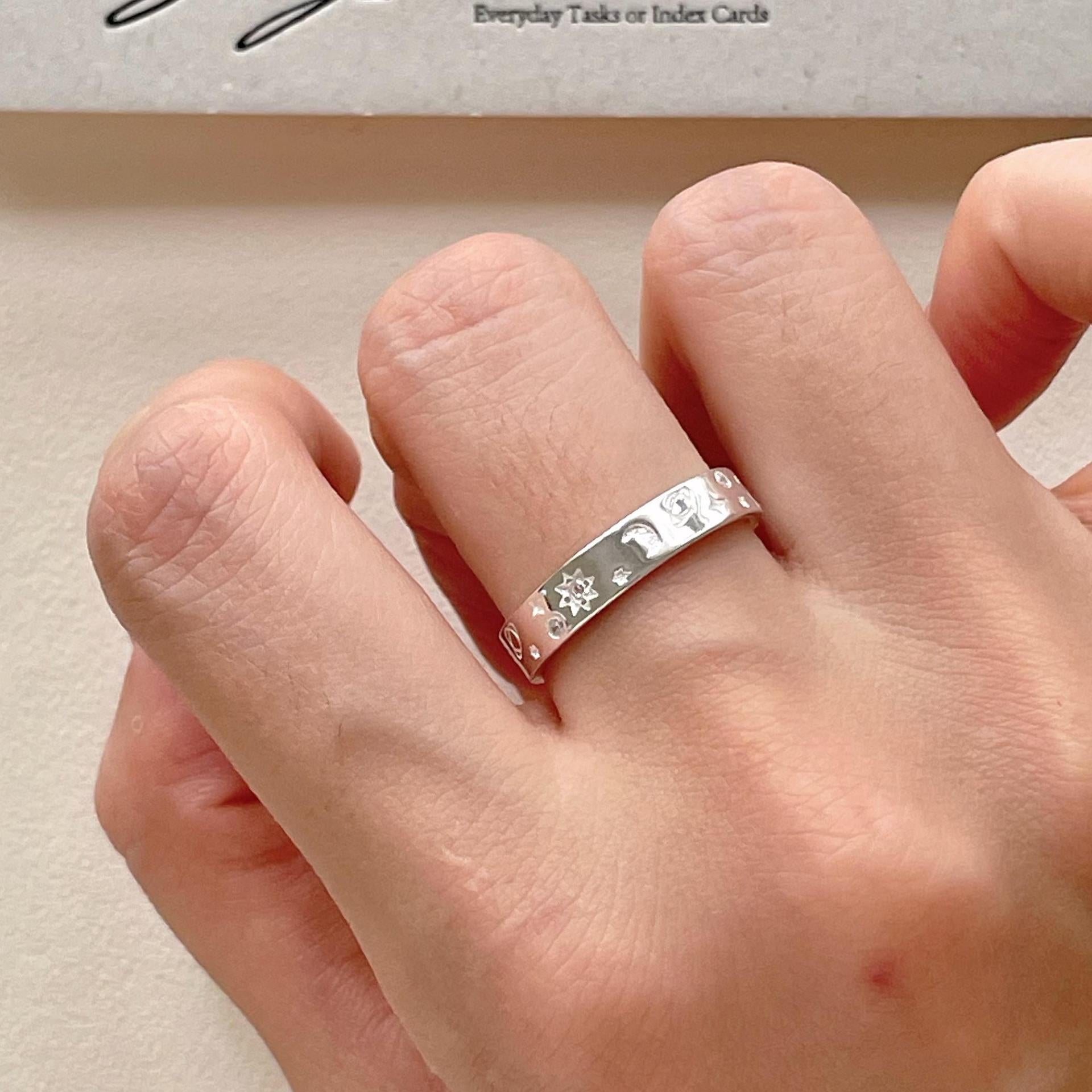 Classic CZ Star Crescent Moon 926 Sterling Silver Adjustable Ring