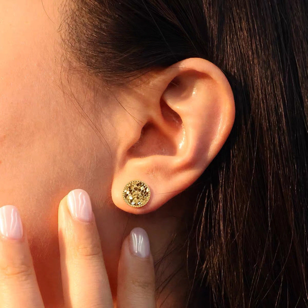 Round Geometric Crushed Ice Pattern 925 Sterling Silver Stud Earrings