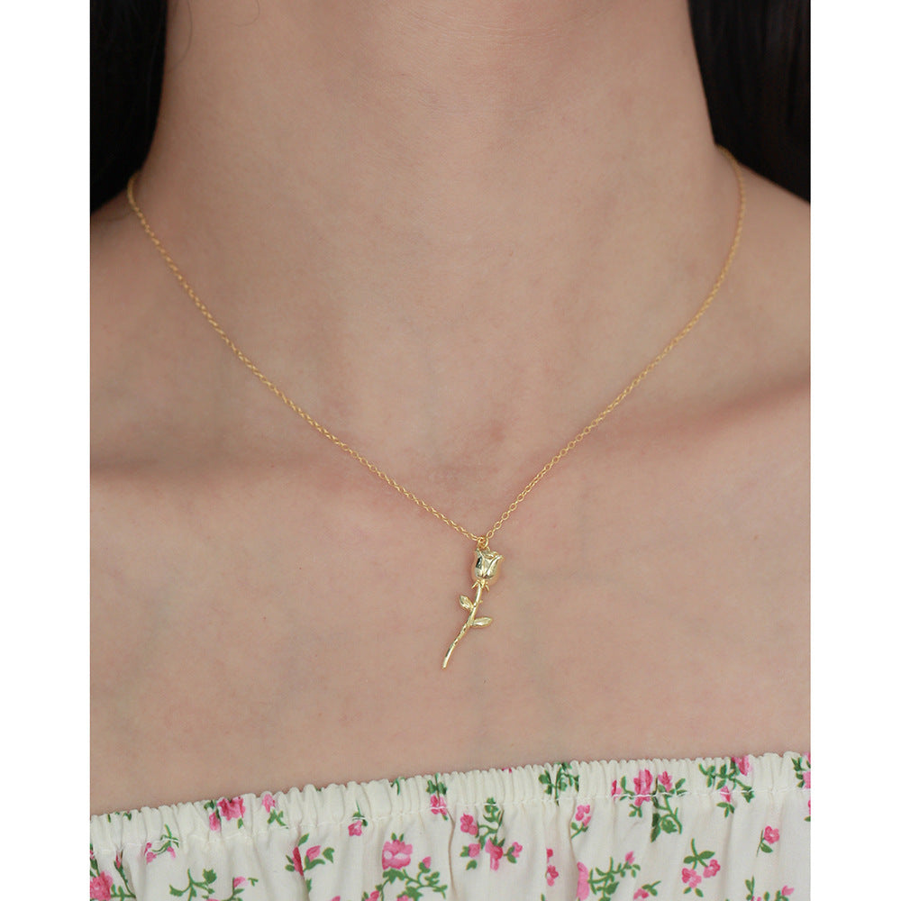 French Style Rose Flower 925 Sterling Silver Pendant Necklace