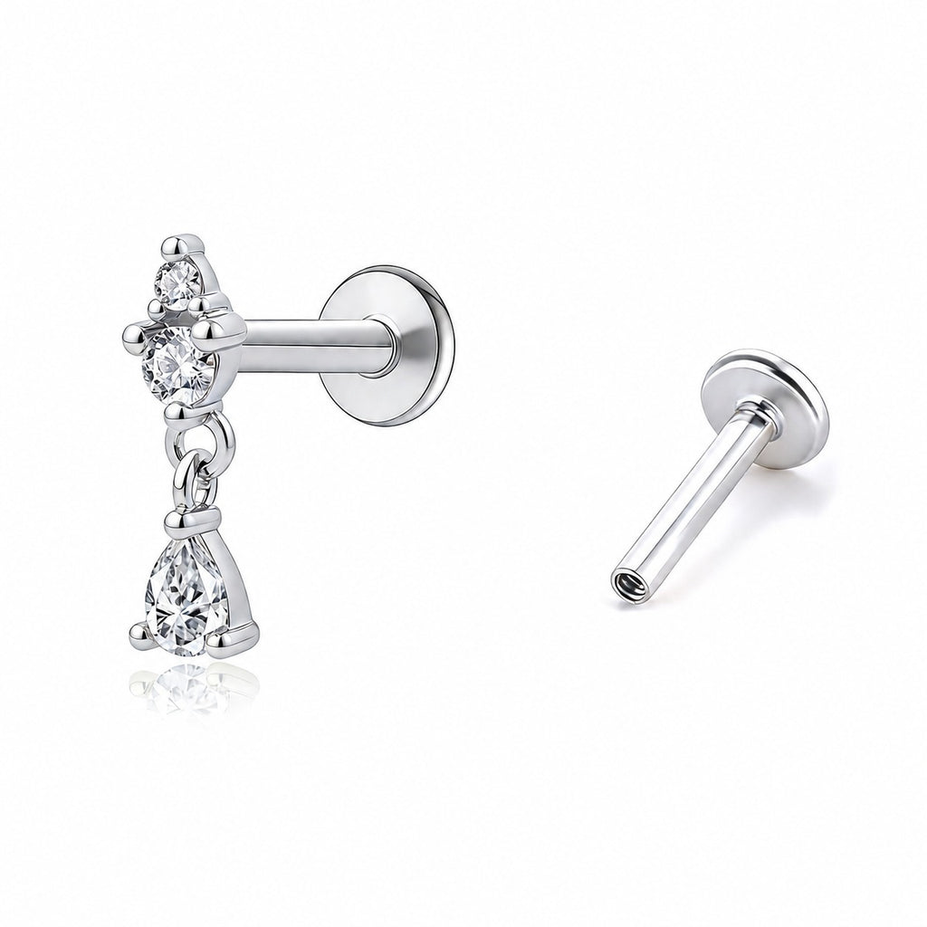 Women Modern Holiday Fashion Jewelry Cubic Zirconia Teardrop Tassel Flat Back Ear Stud 925 Sterling Silver Internally Threaded Cartilage Piercing Earring (Single)