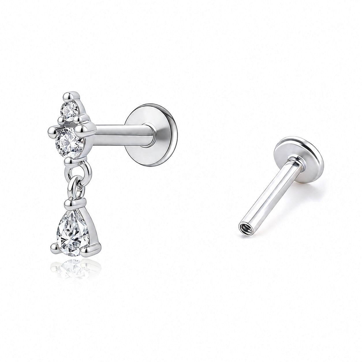 Women Modern Holiday Fashion Jewelry Cubic Zirconia Teardrop Tassel Flat Back Ear Stud 925 Sterling Silver Internally Threaded Cartilage Piercing Earring (Single)