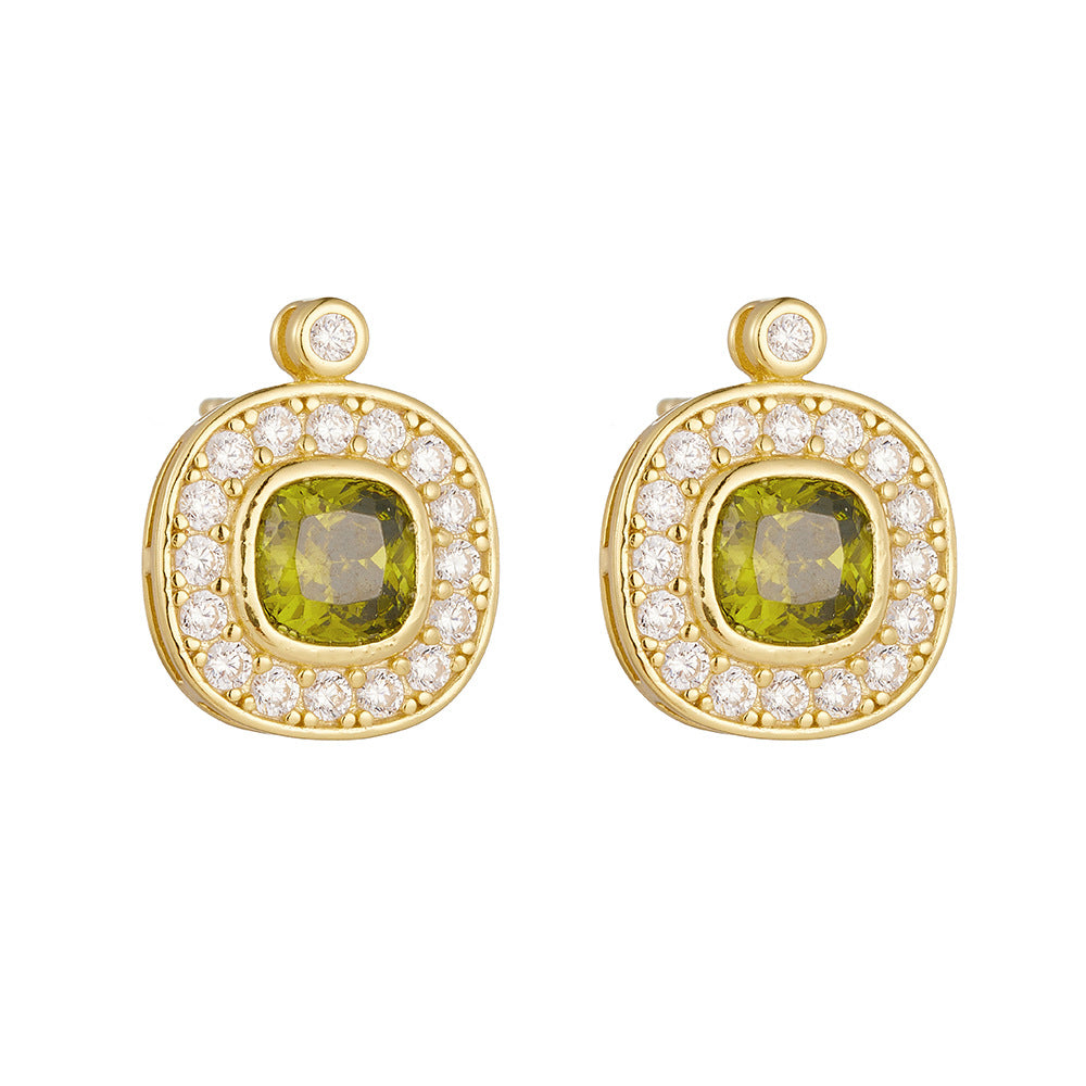 Elegant Geometric Oval Design  925 Sterling Silver Olive Green Cubic Zirconia Stud Earrings