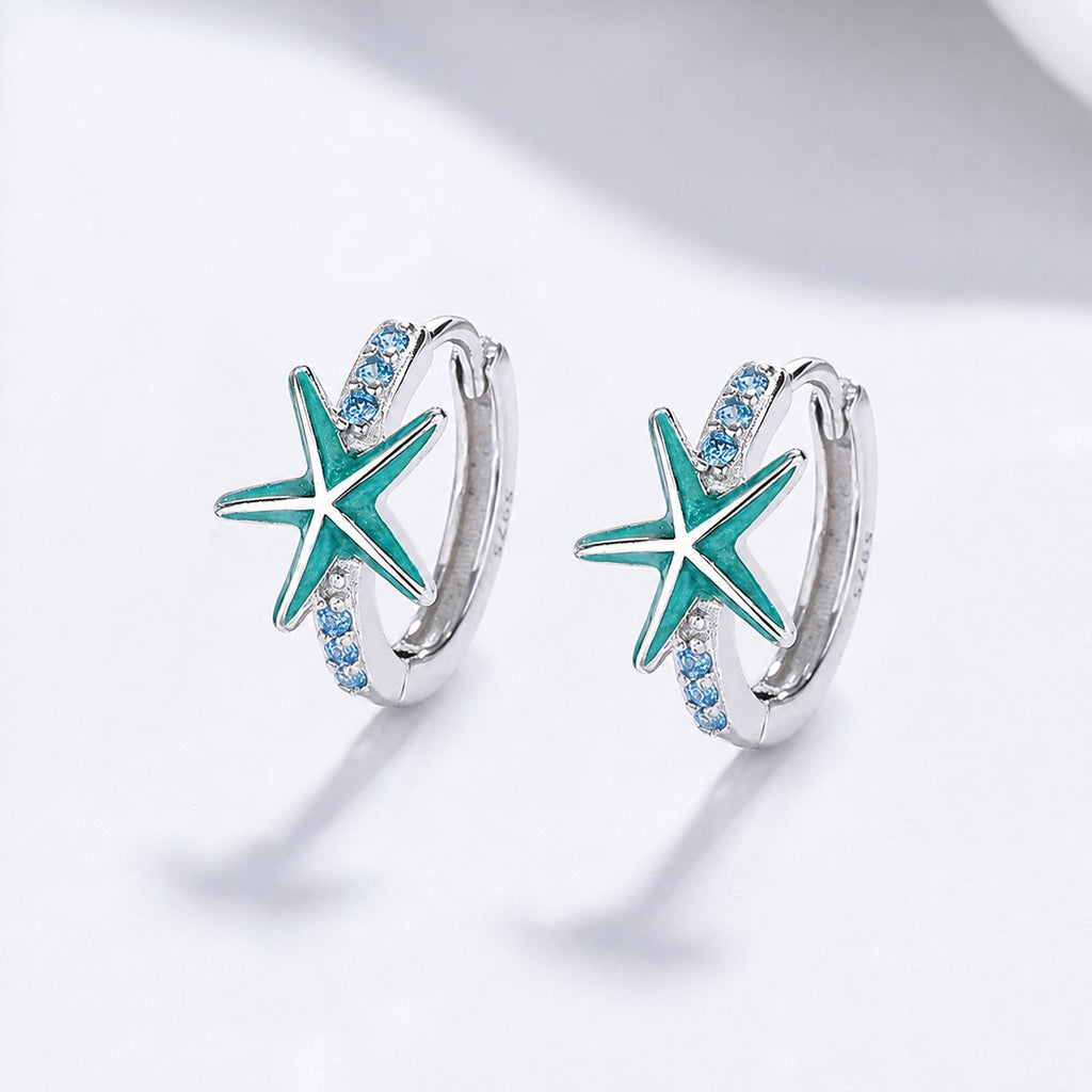 Blue Star Sea Urchin Cubic Zirconium Sea Star Circular 925 Sterling Silver Earrings