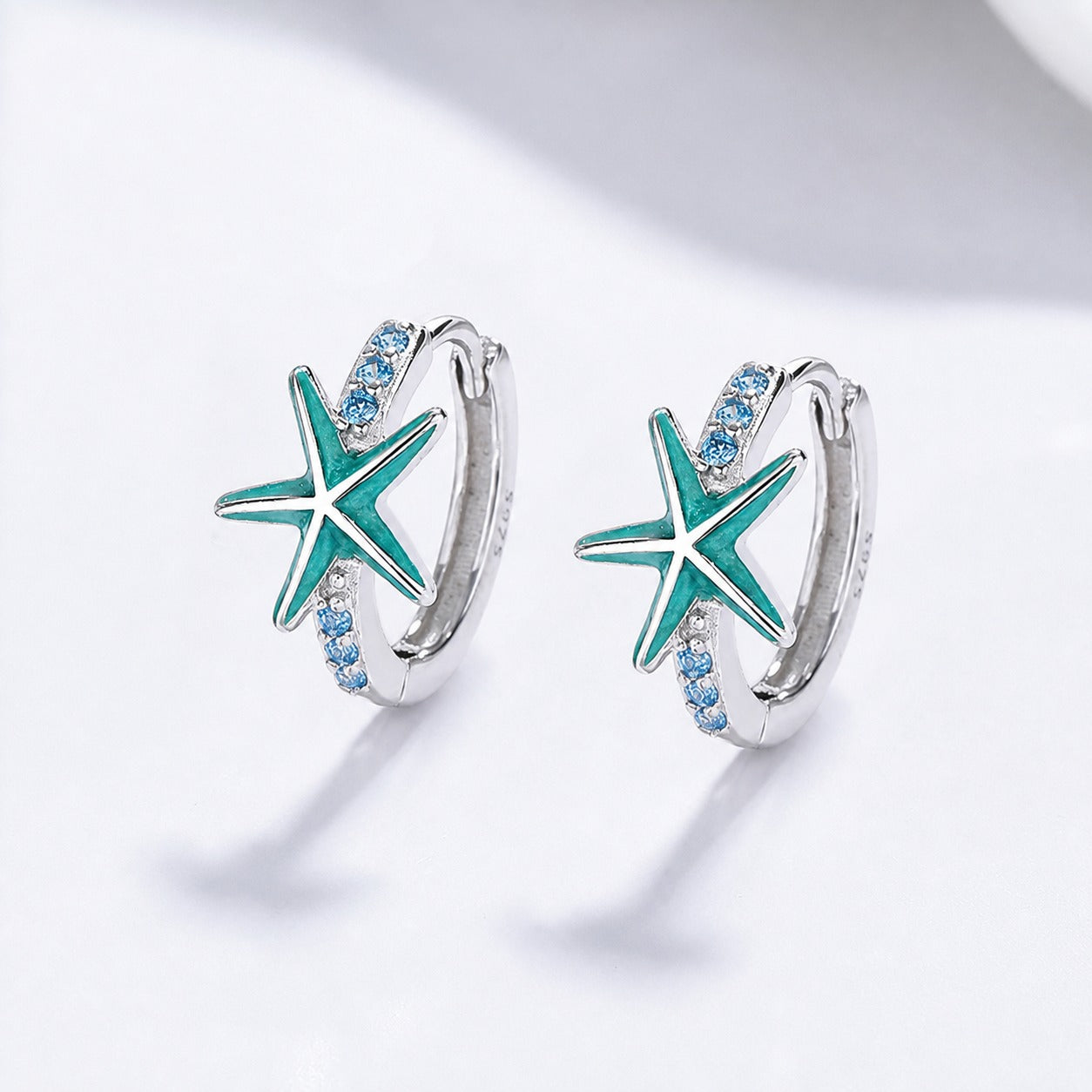 Blue Star Sea Urchin Cubic Zirconium Sea Star Circular 925 Sterling Silver Earrings