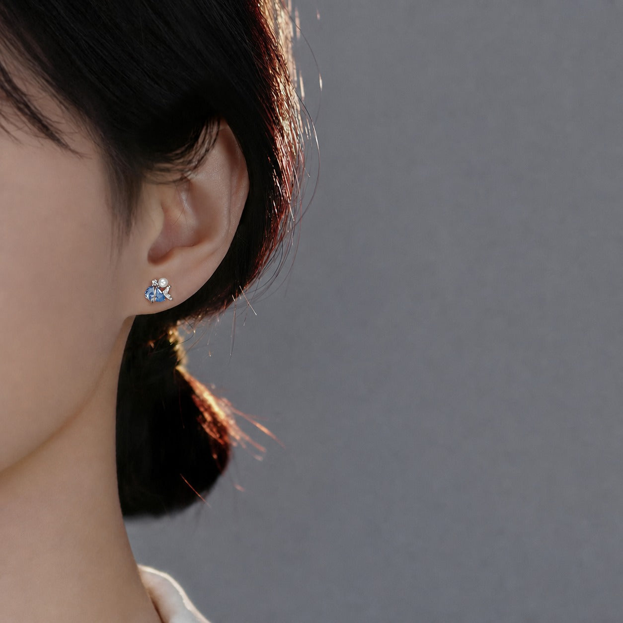 Asymmetrical Dolphin Mermaid Tail Blue Cubic Zirconia S925 Sterling Silver Ear Stud Earrings