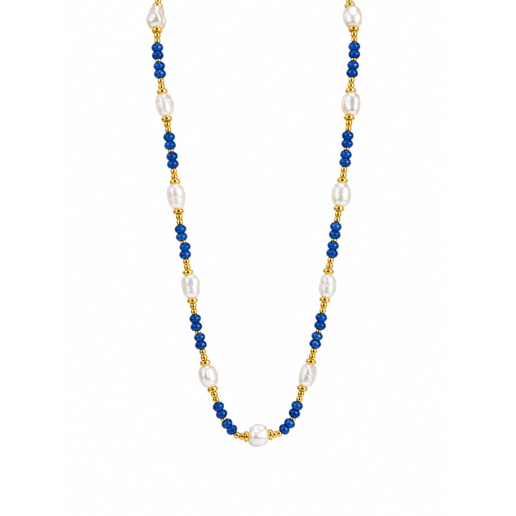 Elegant Deep Blue Agate Irregular Pearl Beaded Strand Fashion Jewellery Gift 925 Sterling Silver Necklace