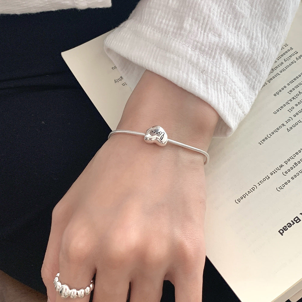 Silver S925 Sterling Silver Minimalist Heart Letter Love Bead Snake Chain Bracelet