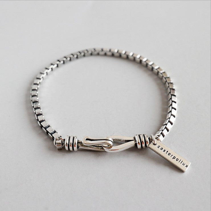 Hook Clasp And Rectangular Letter Tag Geometric Line Design Vintage Minimalist Fashion Jewelry925 Sterling Silver Box Chain Bracelet