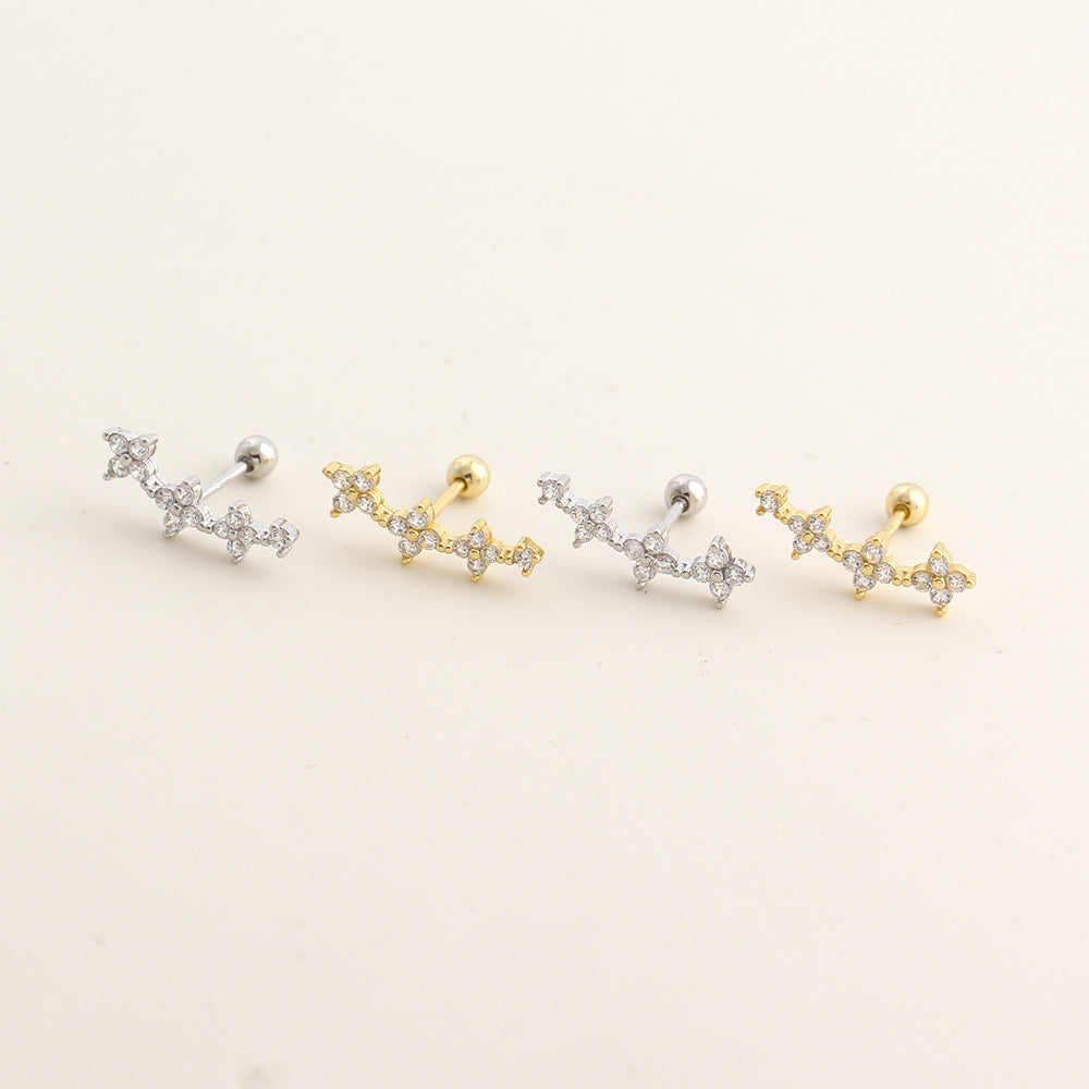 Cubic Zirconia Four Leaf Clover 925 Sterling Silver Flower Climber Ear Studs