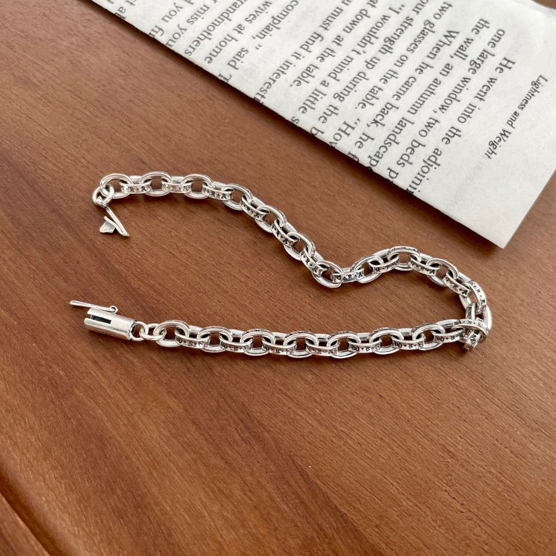 Retro Tibetan Style Engraved Geometric Link 925 Sterling Silver Fashionable Street Style Bracelet