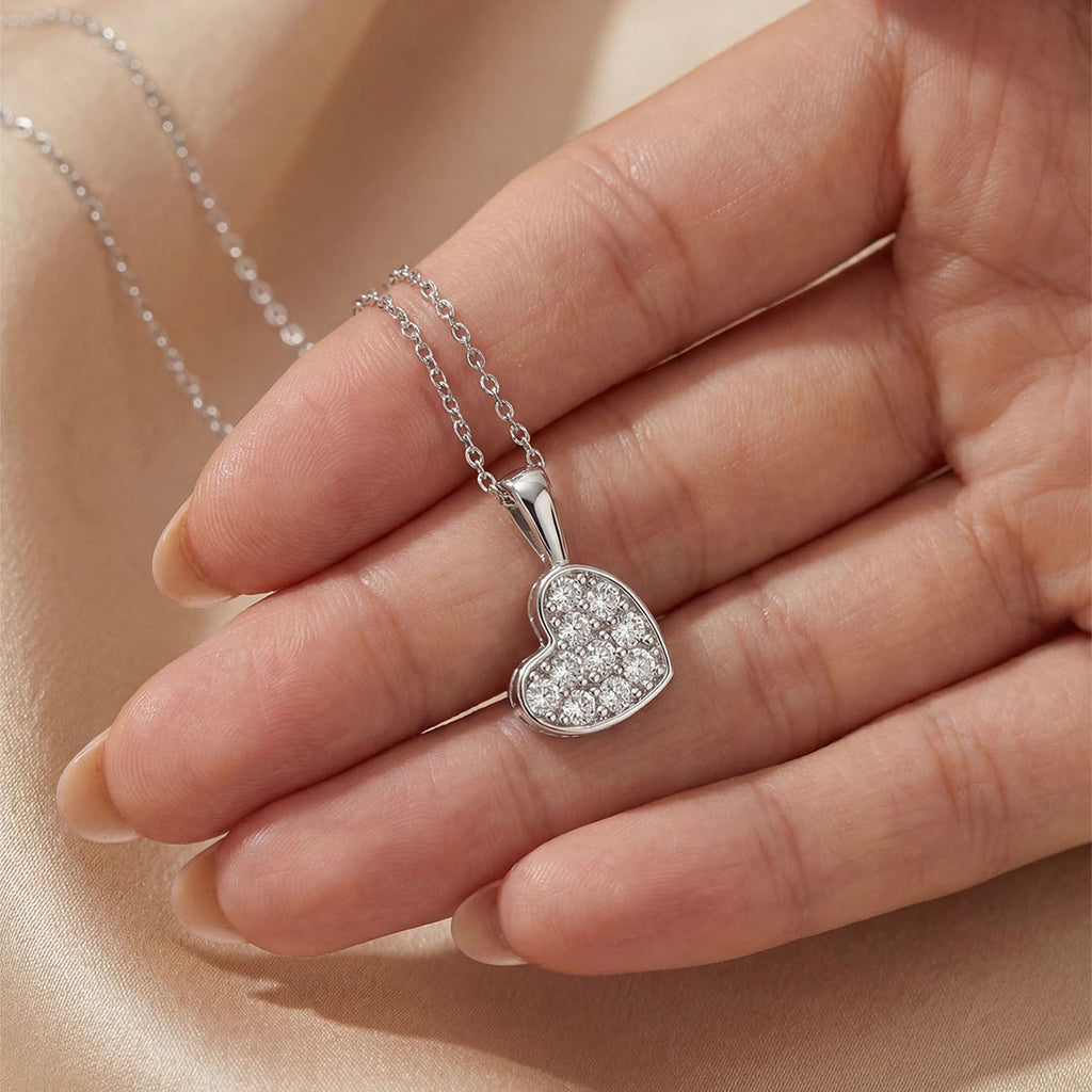 Heart Shape White Moissanite Pave Cluster 925 Sterling Silver Necklace
