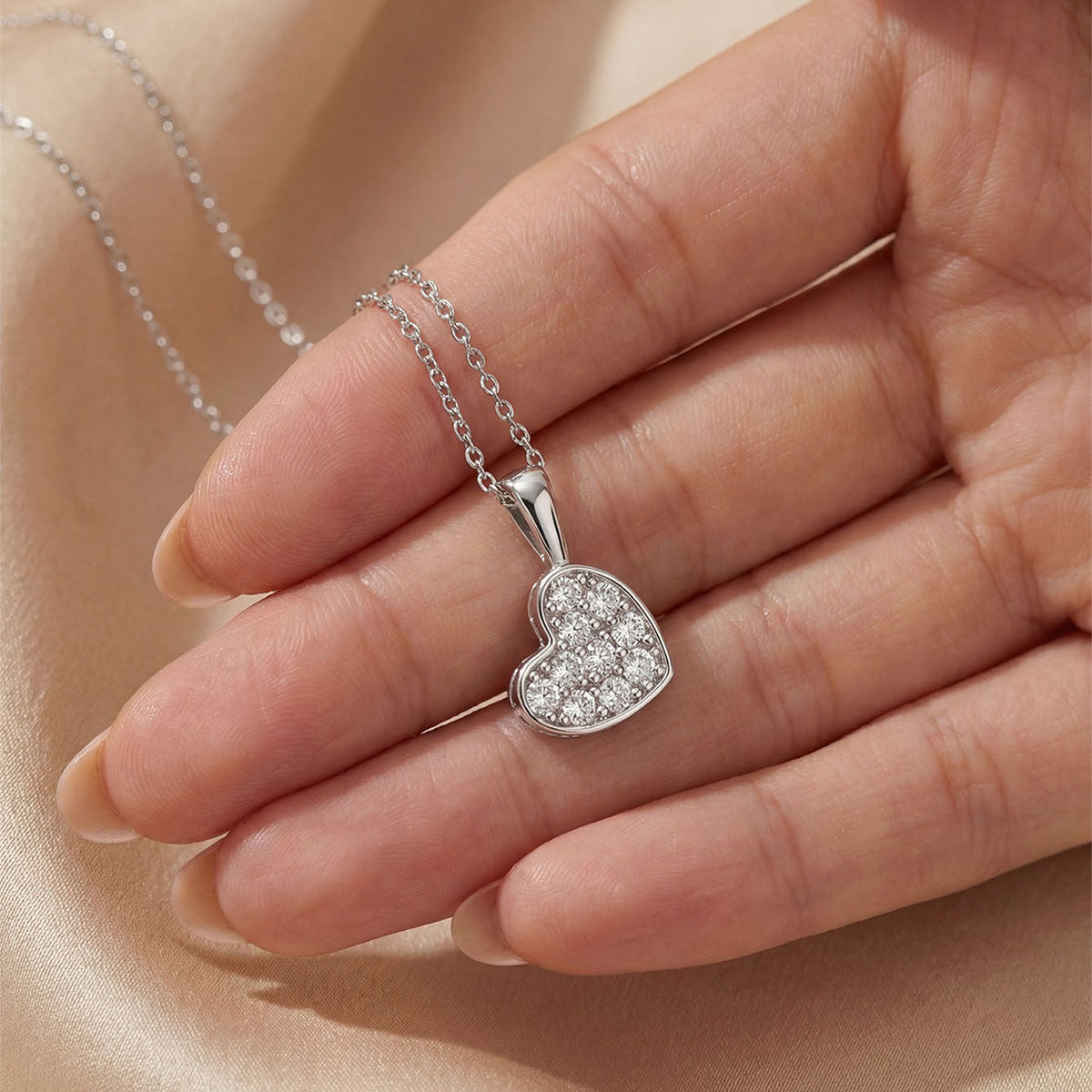 Heart Shape White Moissanite Pave Cluster 925 Sterling Silver Necklace