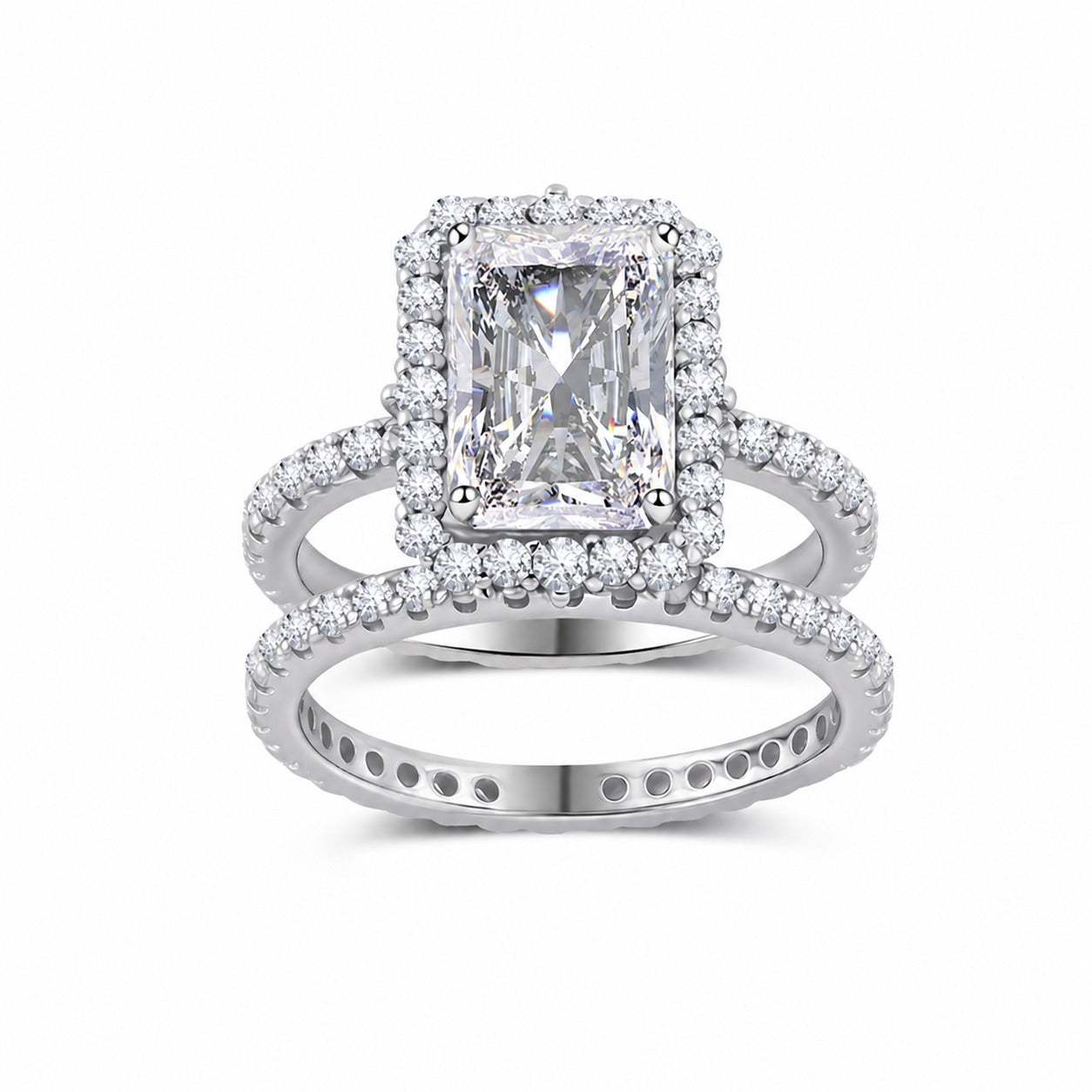 White Moissanite Halo Split Shank Ring S925 Sterling Silver  Ring