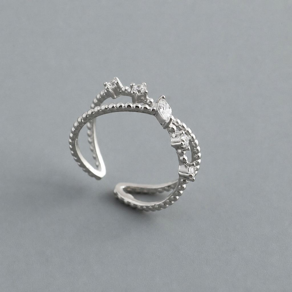 Cubic Zirconia Cross Style Open Adjustable Band 925 Sterling Silver Ring