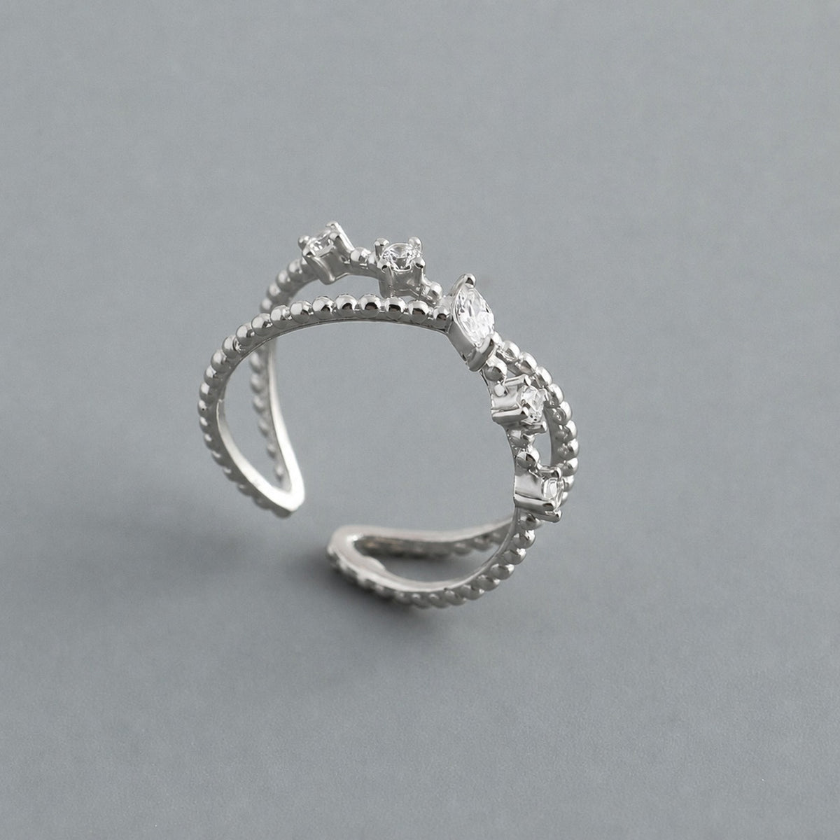 Cubic Zirconia Cross Style Open Adjustable Band 925 Sterling Silver Ring